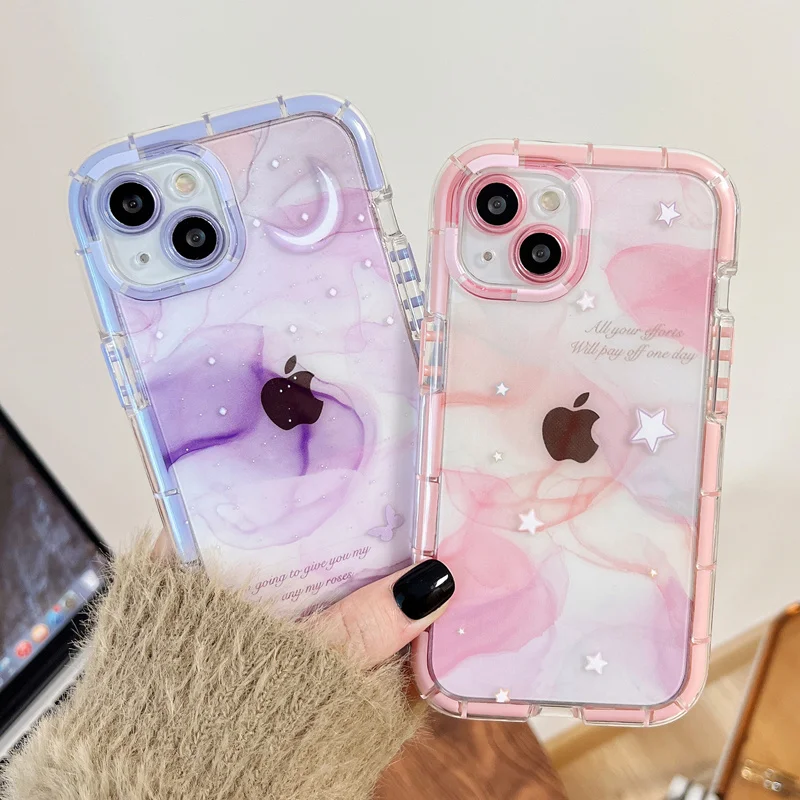 Luminous Purple Starry Crescent Phone Case For iPhone 15 Pro Max 14 13 12 11 Pro Max Transparent Shockproof Soft TPU Back Cover