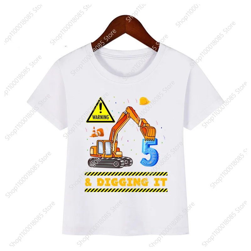 Kawaii Construction Boy Excavator Crane T-Shirt 2 3 4 5 6 7 8 Birthday Gift Shirt Kids Boys Girls Clothes Short Sleeve Baby Top