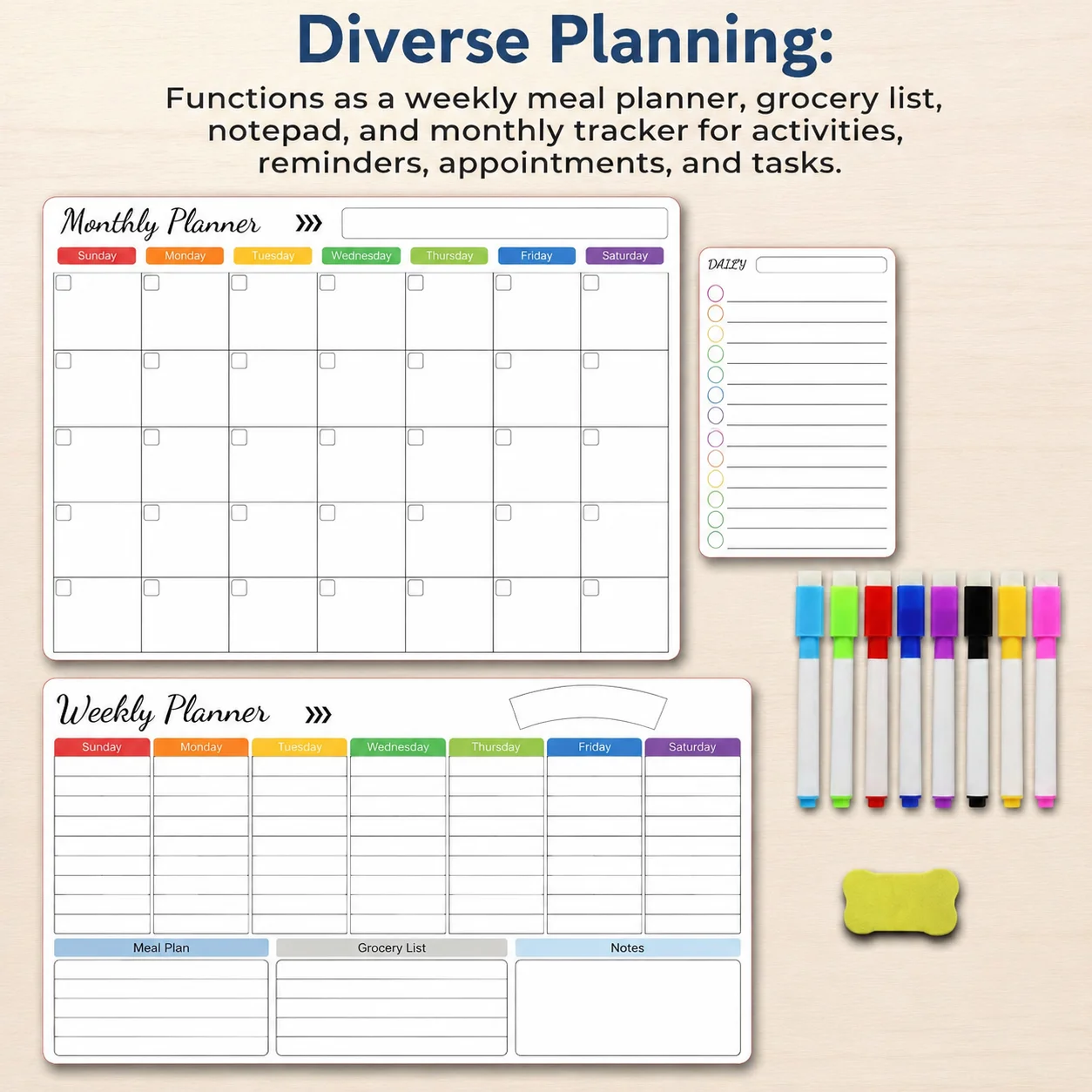 Magnetic Whiteboard Weekly Calendar Planner Board Set Markers  Eraser Dry Erase Stain for Kitchen or Office Weekly Monthly Daily