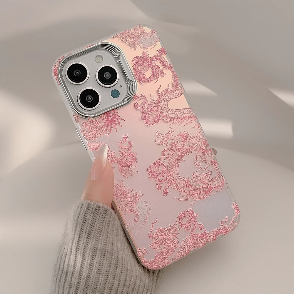 New Year's Fantasy Pink Dragon Chinese Style Cover Case For iPhone 16 15 14 13 12 11 Pro Max Plus Phone Case