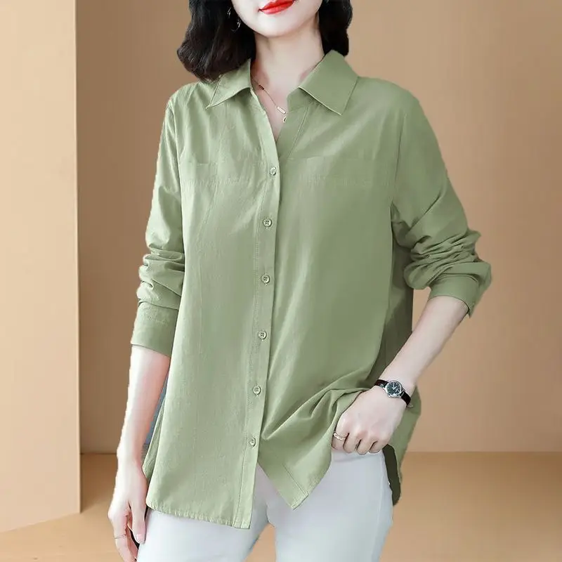 

Women's Cotton Shirt New Spring Autumn Long Sleeve Loose Large Size Middle-aged Mother Stylish Collar Top