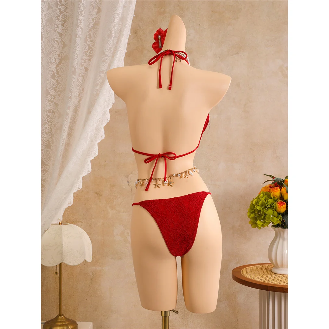 Mit Rüschenrock, Neckholder-Bikini, Damen-Badeanzug, dreiteiliges Bikini-Set, gepolsterter Badeanzug, Badebekleidung, Badeanzug V8400 – Detail 14