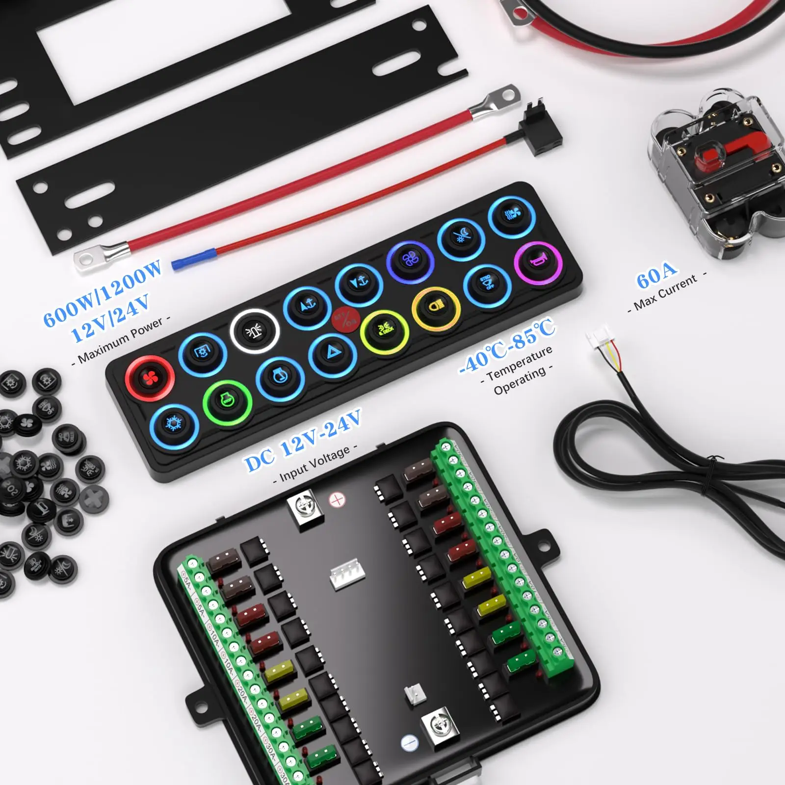 Caixa de Controle de Circuito de Relé Automotivo 60A 12V com 16 Canais, Painel de Interruptores Tácteis RGB Marinho à Prova d'Água, Multifuncional com 4 Modos e 8 Cores de Luz de Fundo