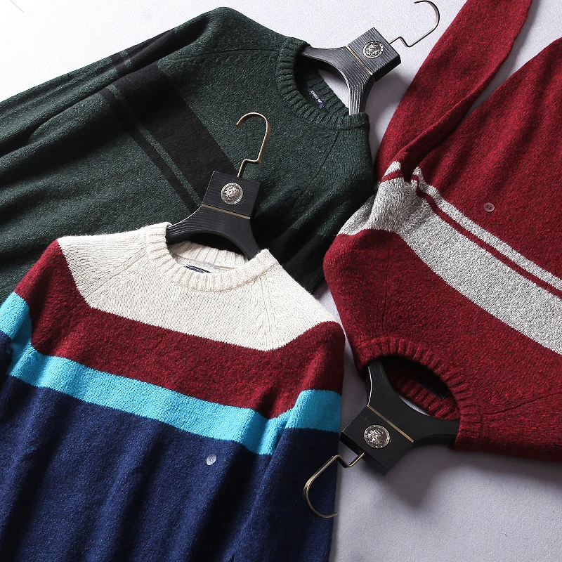 

Autumn Winter Men's round Ne Color Blo Stripe Casual Knitted Sweater Faionable Basic Long Sve Youth Active Sle