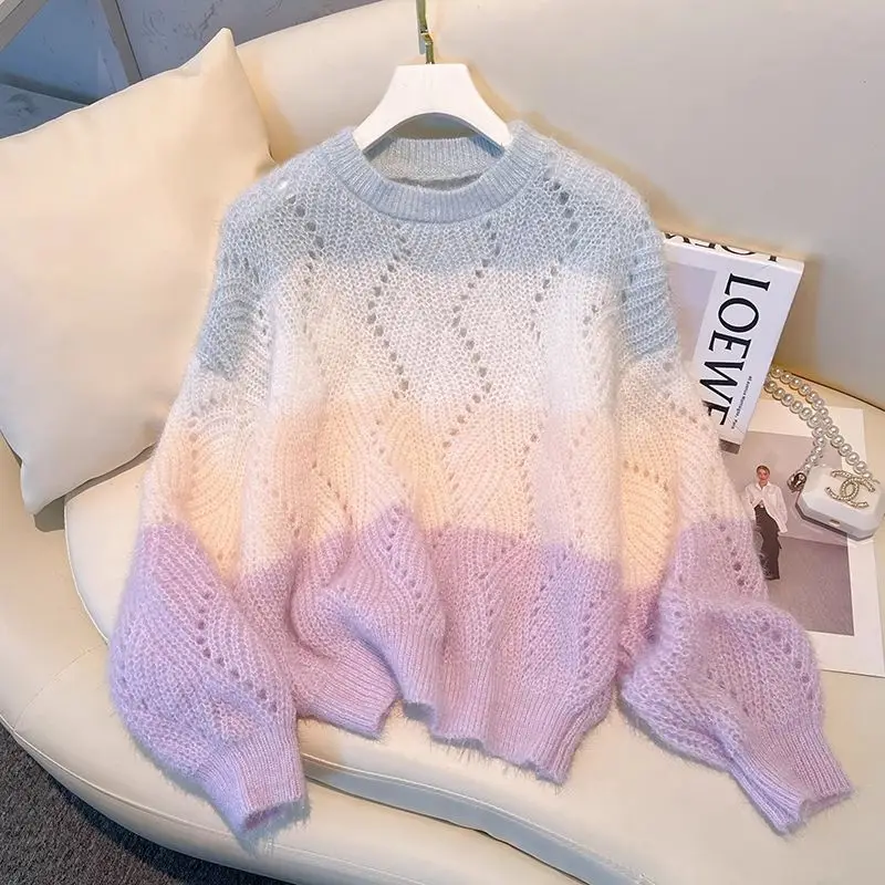 Sweet Gradient Soft Glutinous Sweater for Women\'s Autumn and Winter New Lazy Style Knitted Sweater Pullover Hollow Bottom Top