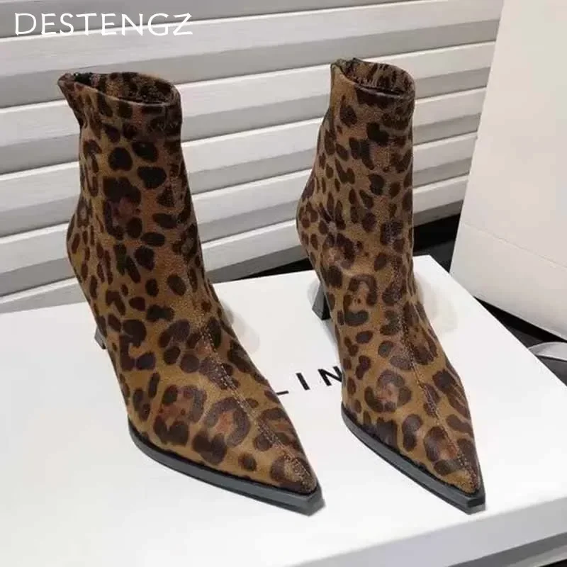 Leopard High Heels Ankle Boots Pointed Toe Fashion Suede Walking Shoes Brand Pumps Designer Dress Goth Botas Mujer