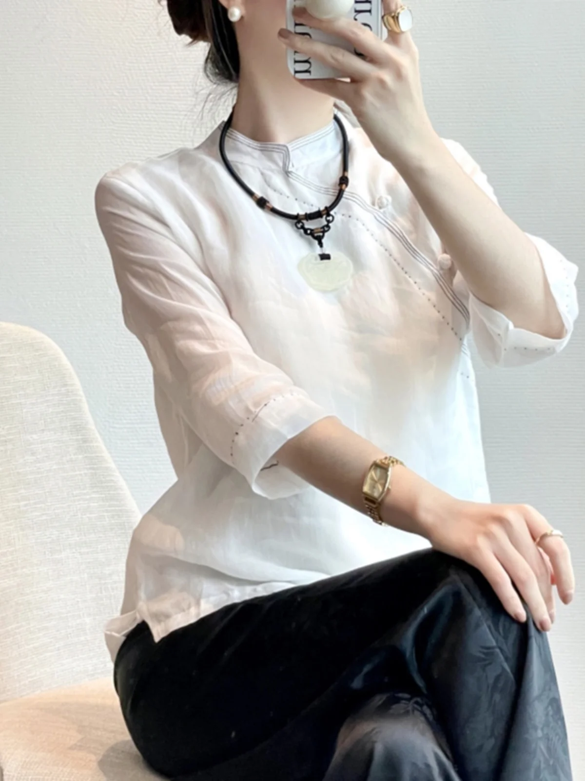 新しい中国風スレ綿麻服女性初秋レトロ仏教禅茶服スモール服麻トップスボタンアップ