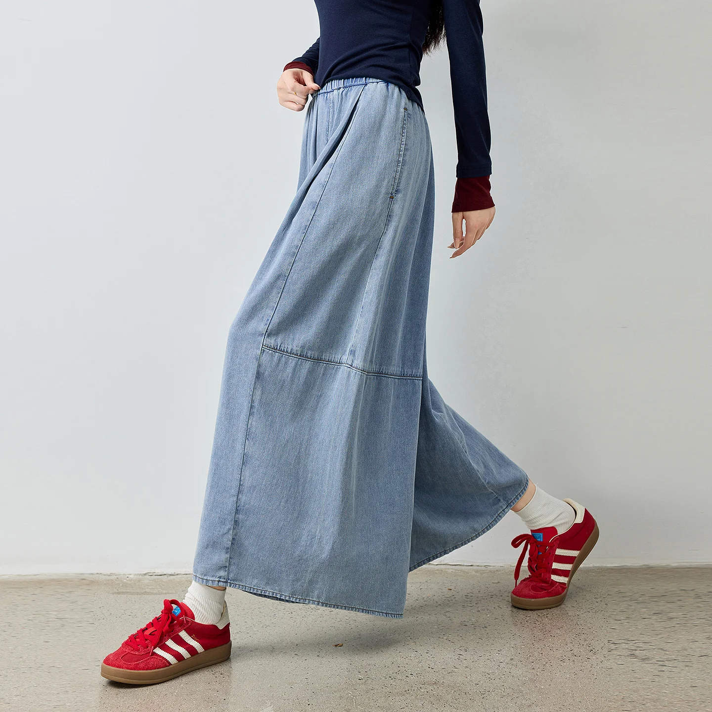 TOYOUTH Women Jeans 2026 Autumn New High Waist Elastic Waistband Nine Points Split Design Wide Leg Pants