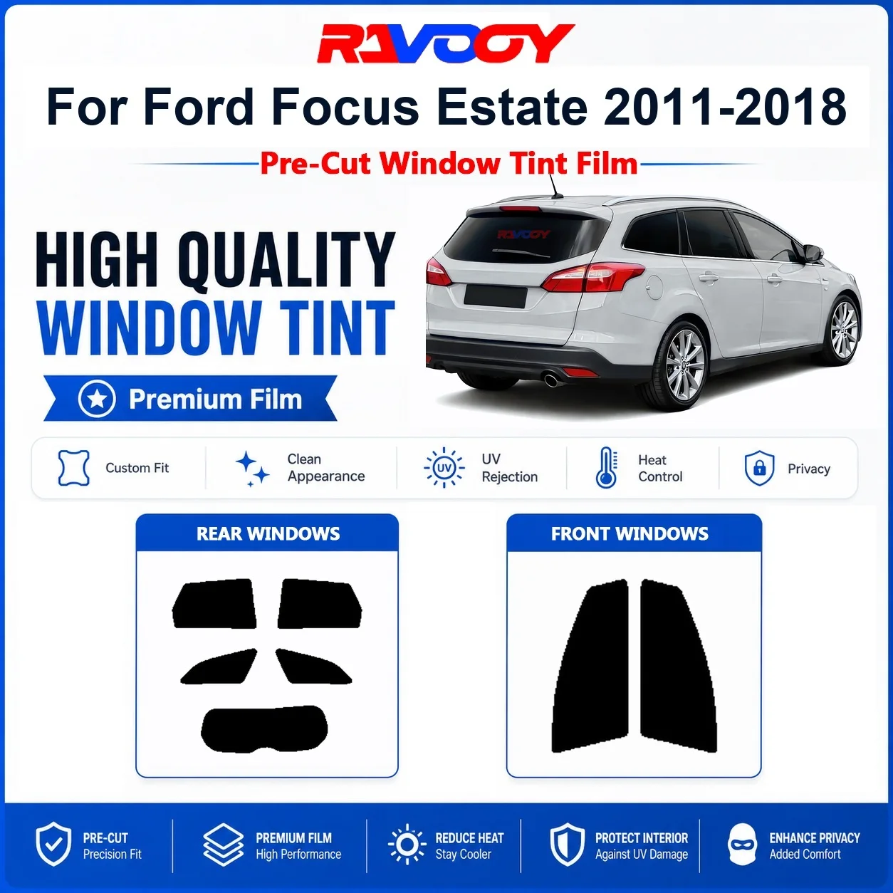Pellicola oscurante pre-tagliata premium per finestrini Ford Focus Estate 2011-2018, anteriori e posteriori, con protezione UV e isolamento termico, per la privacy.