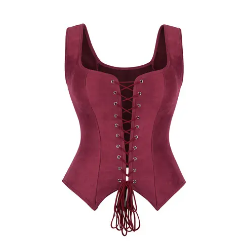 Corsé Vintage rojo vino con tirantes para el hombro para mujer, Top Steampunk con cordones delanteros, corpiño moldeador de cuerpo, chaleco gótico, corsé por encima del busto