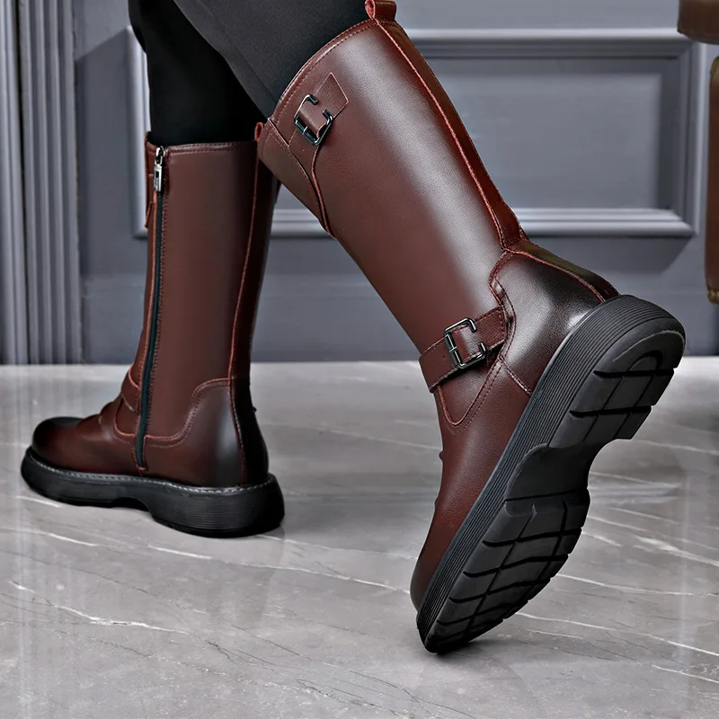 Botas de caballero alto para hombre, zapatos de cuero originales, botas de plataforma de diseñador de marca, botas largas de motocicleta, moda de lujo, Otoño e Invierno