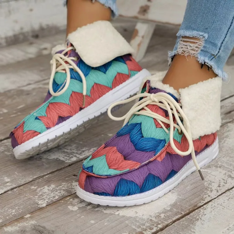 

Christmas Cotton Shoes for Women2025Winter New Style European and American Large-sized Lace-up Round Toe Fleece Warm Cotton Boot