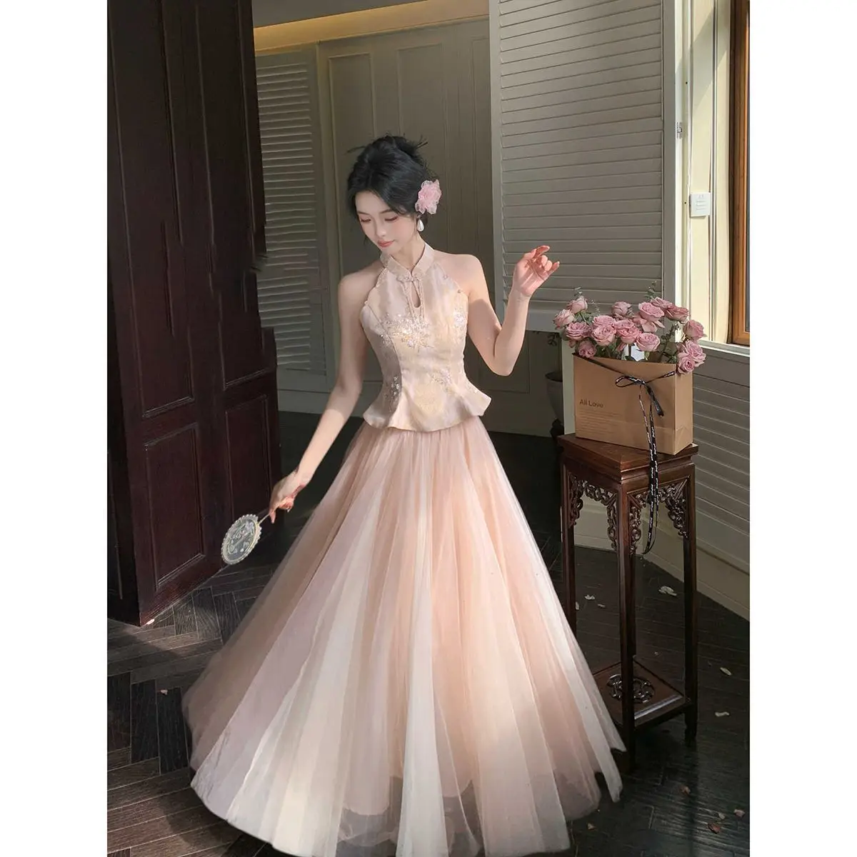 Elegant Long Dress Pearl Embroidery Mesh Neck Hanging Slimming White Enhancing Vintage Chinese Style Women's Casual Sportswea...