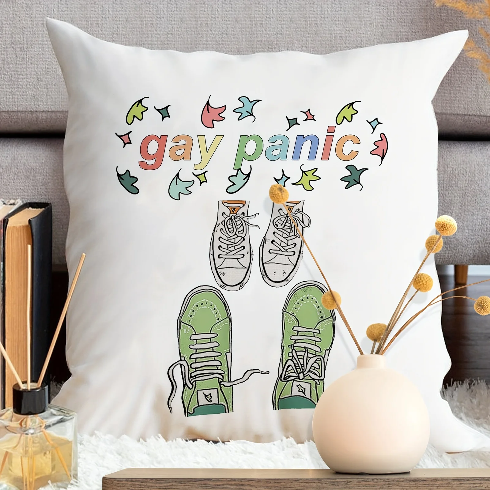 Gay Panic Pillow Case, Funny Sneaker Art Cushion Cover, Colorful Birds Pattern, LGBTQ+ Pride Home Decor, Cool Dorm Room Gift