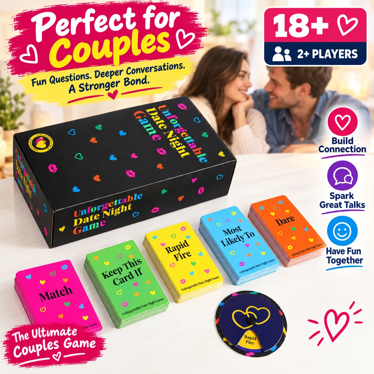 Couples Date Night Game Cards with Spinner, Heart Pattern Interactive Party Toy, Halloween & Anniversary Gift