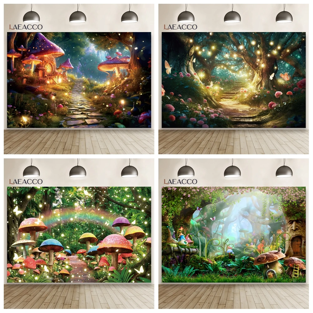 Droom Bos Wonderland Achtergrond Fee Fantasie Tropische Jungle Paddestoel Decor Pasgeboren Kinderen Portret Fotografie Achtergrond