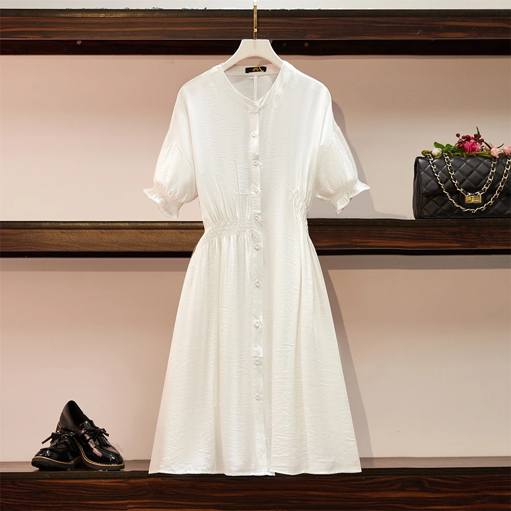 Summer new clothing plus size women's white casual loose short-sleeved dress Slim waist fashion mid-length V-neck dresses large