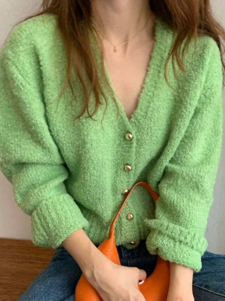 

Шикарный винтажный вязаный кардиган с V-образным вырезом и длинными рукавами, мягкий, приятный на ощупь, свободного кроя, осенне-зимний женский свитер в повседневном уличном стиле