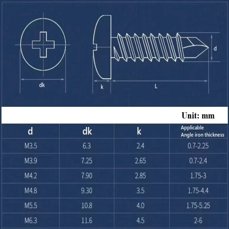 Round Head Pan Phillips Self Drilling Screw 304/410 Stainless Steel Zinc Plated Self Tapping Bolt M3.5 M3.9 M4.2 M4.8 M5.5 M6.3