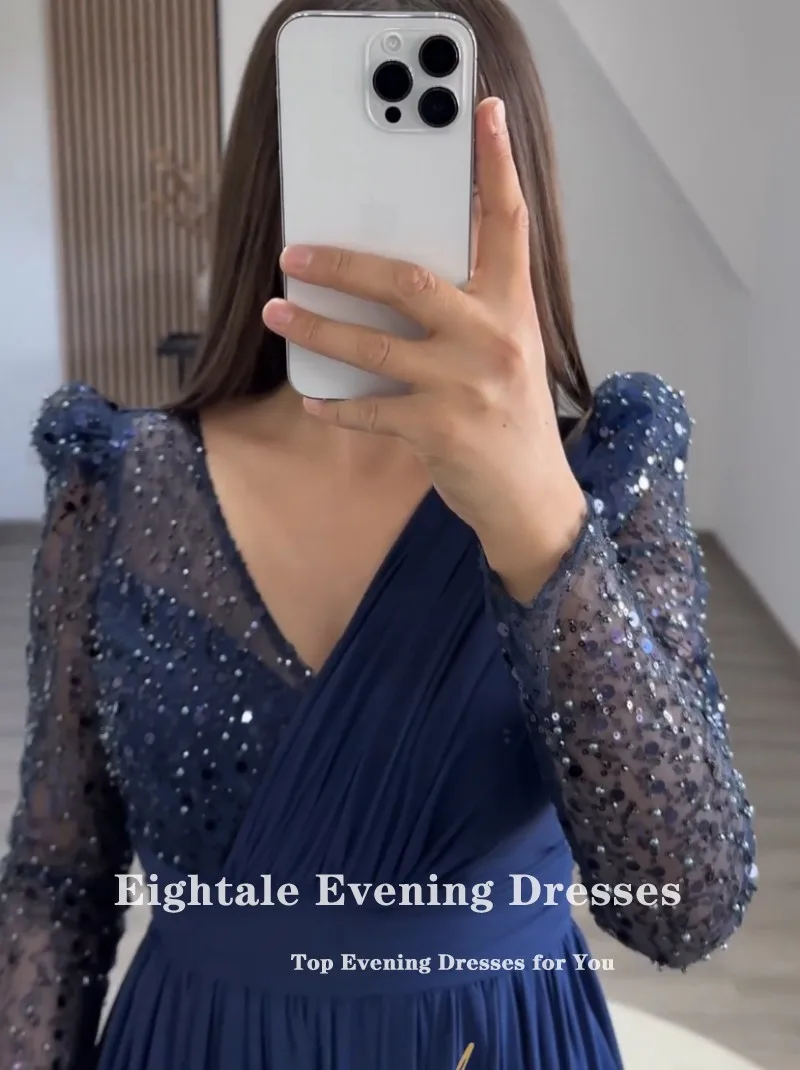 Eightale Elegant Evening Dresses Navy Blue Glitter V-Neck Customized Chiffon Long Sleeves Prom Party Gown robes de soirée