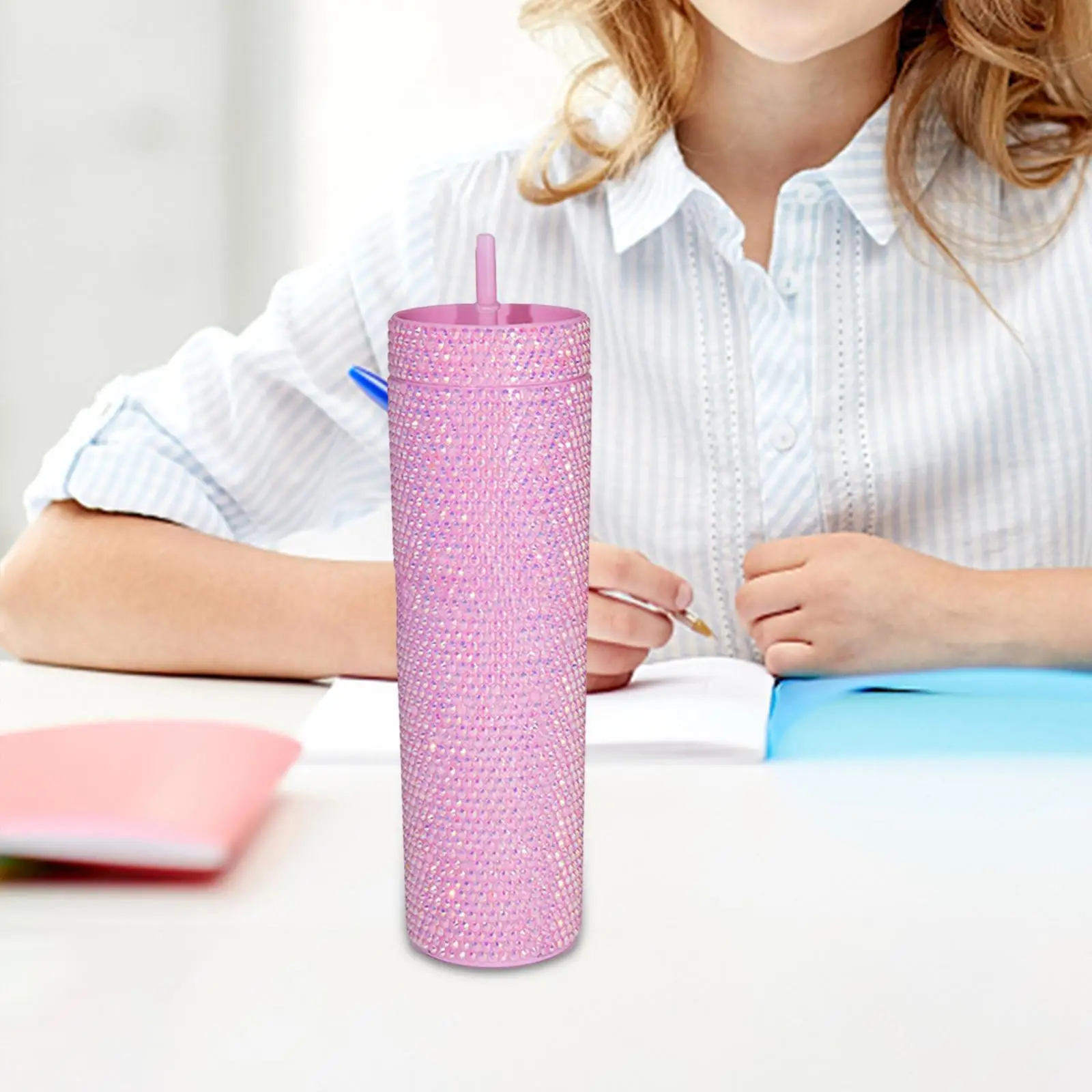 Glitter Crystal Coffee Mug Rhinestone Tumbler 450ml Water Bottle Reusable Plastic Cup with Lid and Straw BPA Free for Cold Brew