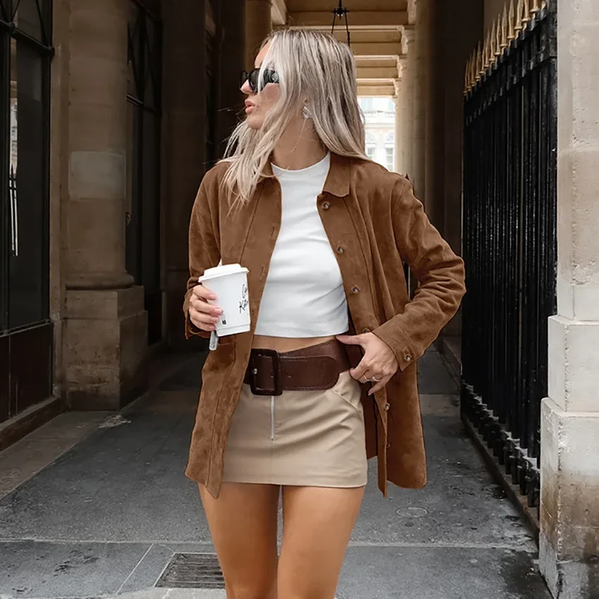 Suede Jacket Women Streewear Spring Autumn Oversized Brown Jacket Shirt Cardigan Midi Coat Outerwear Vintage Women‘s Clothes