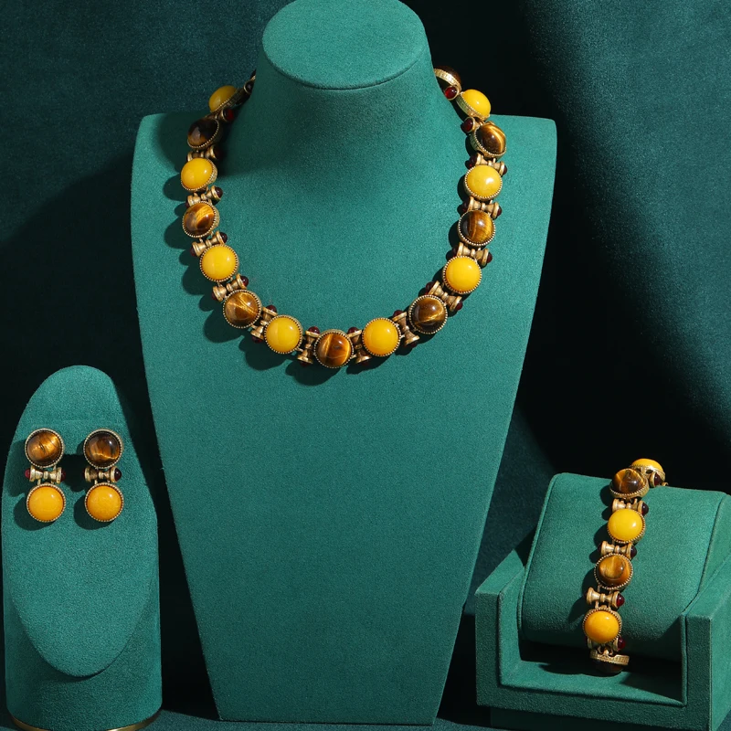 round-vintage-beeswax-yellow-jewelry-sets-gold-color-tiger's-eye-natural-stone-necklace-drop-earrings-bracelet-party-accessories