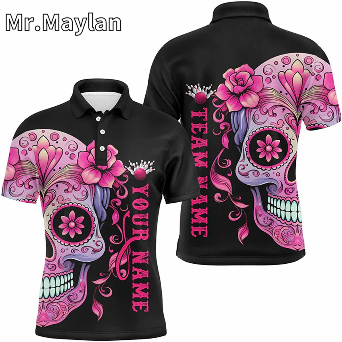 

3D Pink Skull Tattoo Custom Unisex Team Bowling Polo Shirts Halloween Team Bowling Jerseys Shirt Gifts For Bowlers Summer Tops