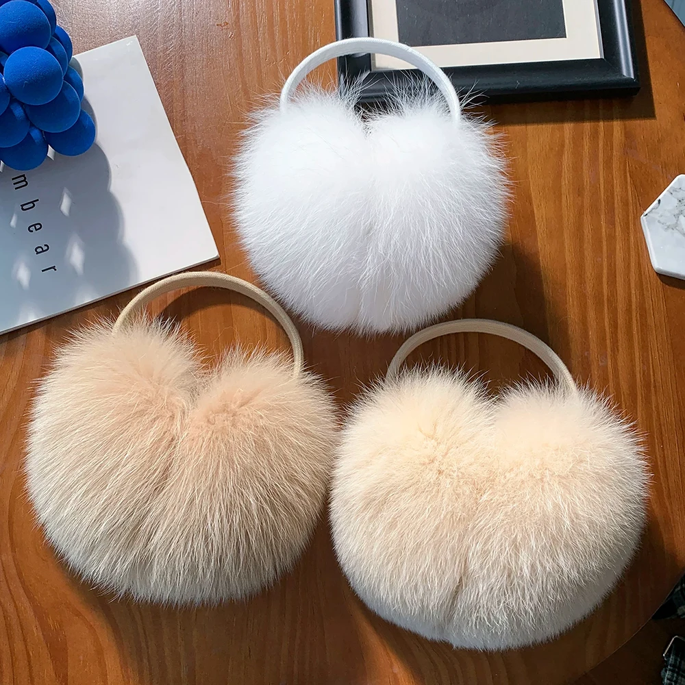 2027 New Winter Natural Real Fox Fur Earmuffs Plush Warm Decorate Women Cute Solid Ear Warmer Headphones Neck Warm Bib Scarf