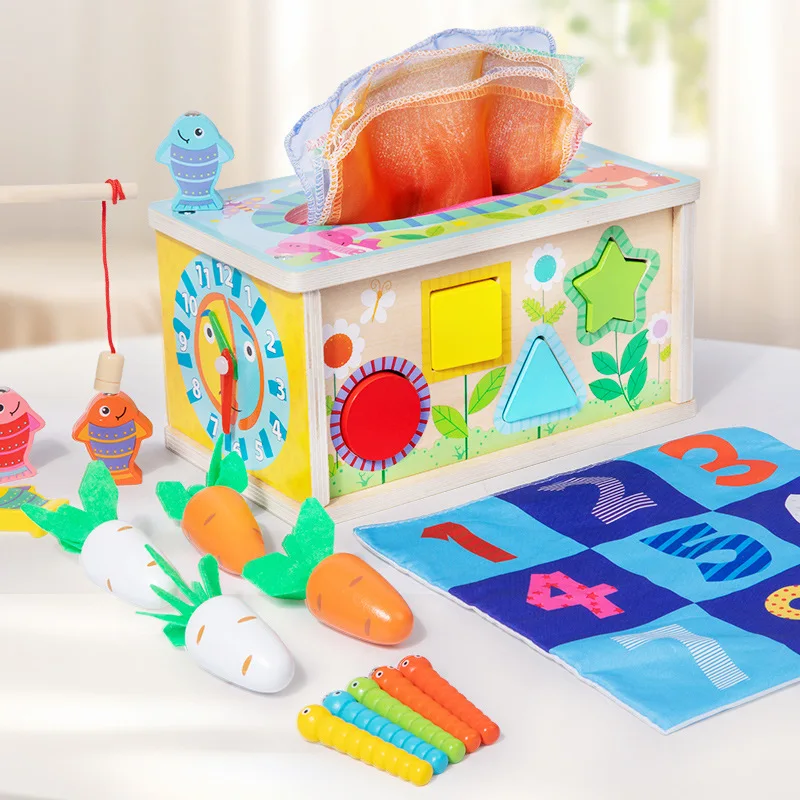 Baby Indestructible Tissue Box Childrens Paper Holder Fishing Pulling Carrot Catching Bug Clock for Early Wooden Toys Montessori