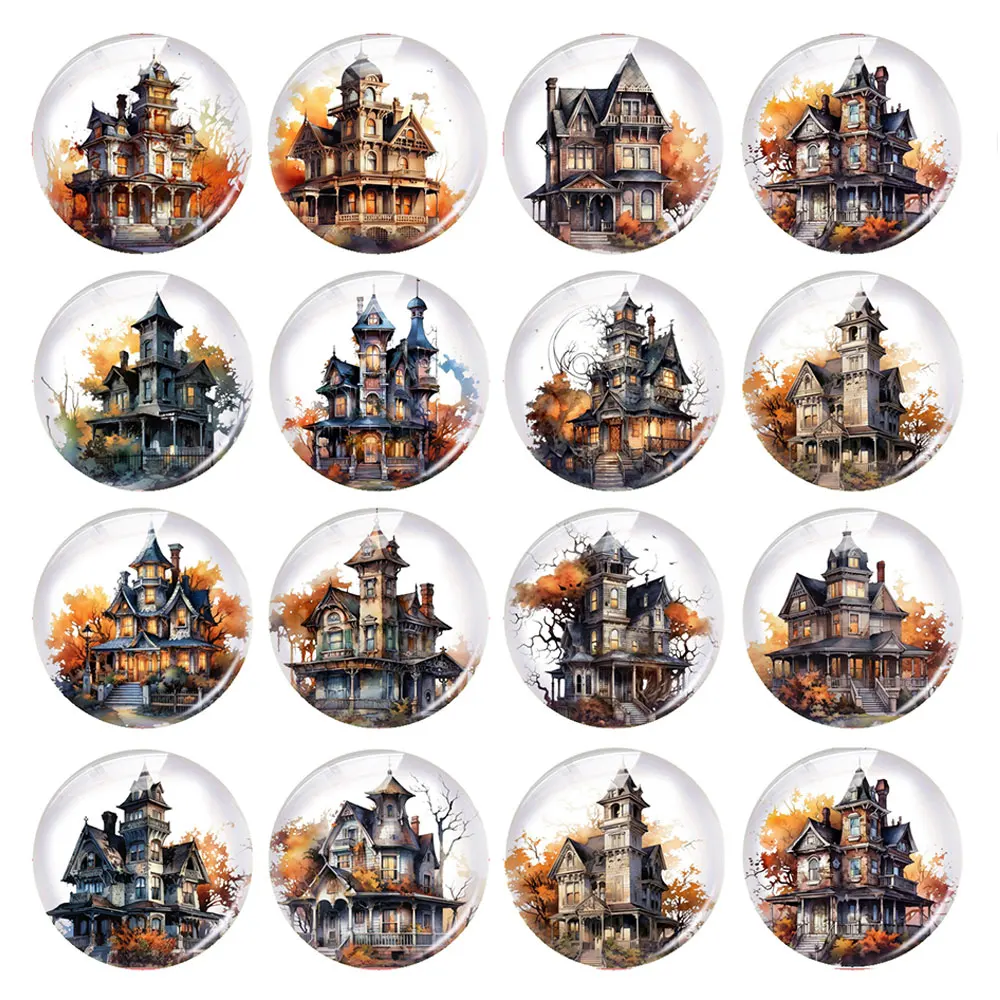 Handmade Halloween Hunting House Autumn Fall Leaves Photo Glass Cabochon Flatback Demo Flat Back Cameo For Diy Jewelry Making