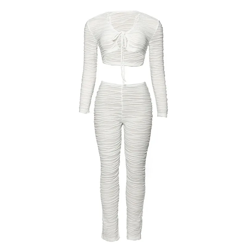 2024 Autumn White Wave Striped 2 Piece Set Sexy V-neck Full Sleeve Lace Up Shirts Crop Top + Pencil Pants Casual Streetwear Suit