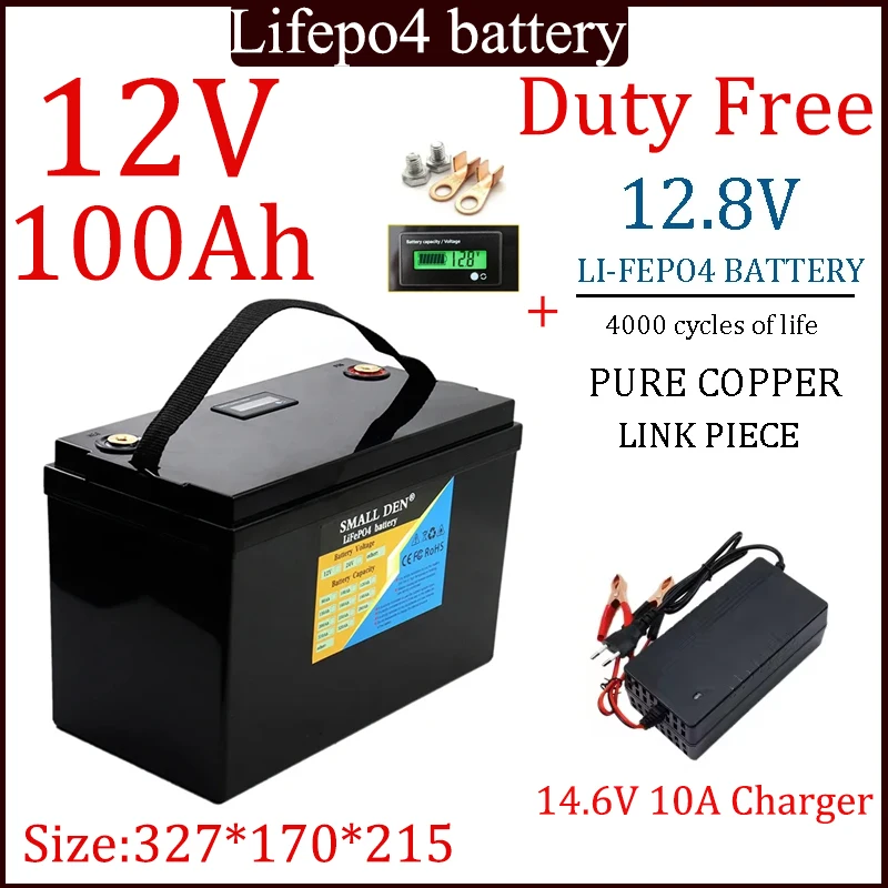 12V 100Ah LiFePO4 Battery 12.8V Lithium Batteries 4000 Cycles for Campervans Home Inverter off-Road Solar Wind+14.6V 10A charger