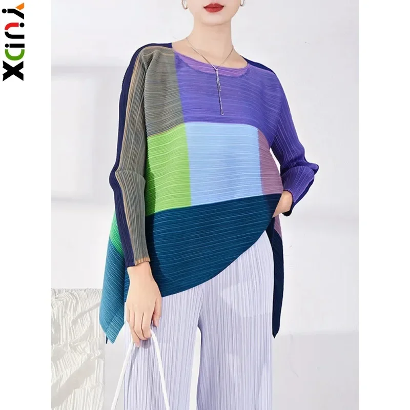 

YUDX Miyake Irregular Pleated Blouses Women Contrast Color Patchwork Round Neck Long Sleeve Fashion Tops Female 2023 Autumn New