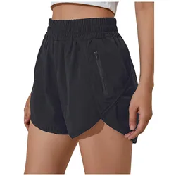 New Women's Solid Color Run Elastic Wasit Workout Shorts With Liner Pockets Sport Yoga Shorts