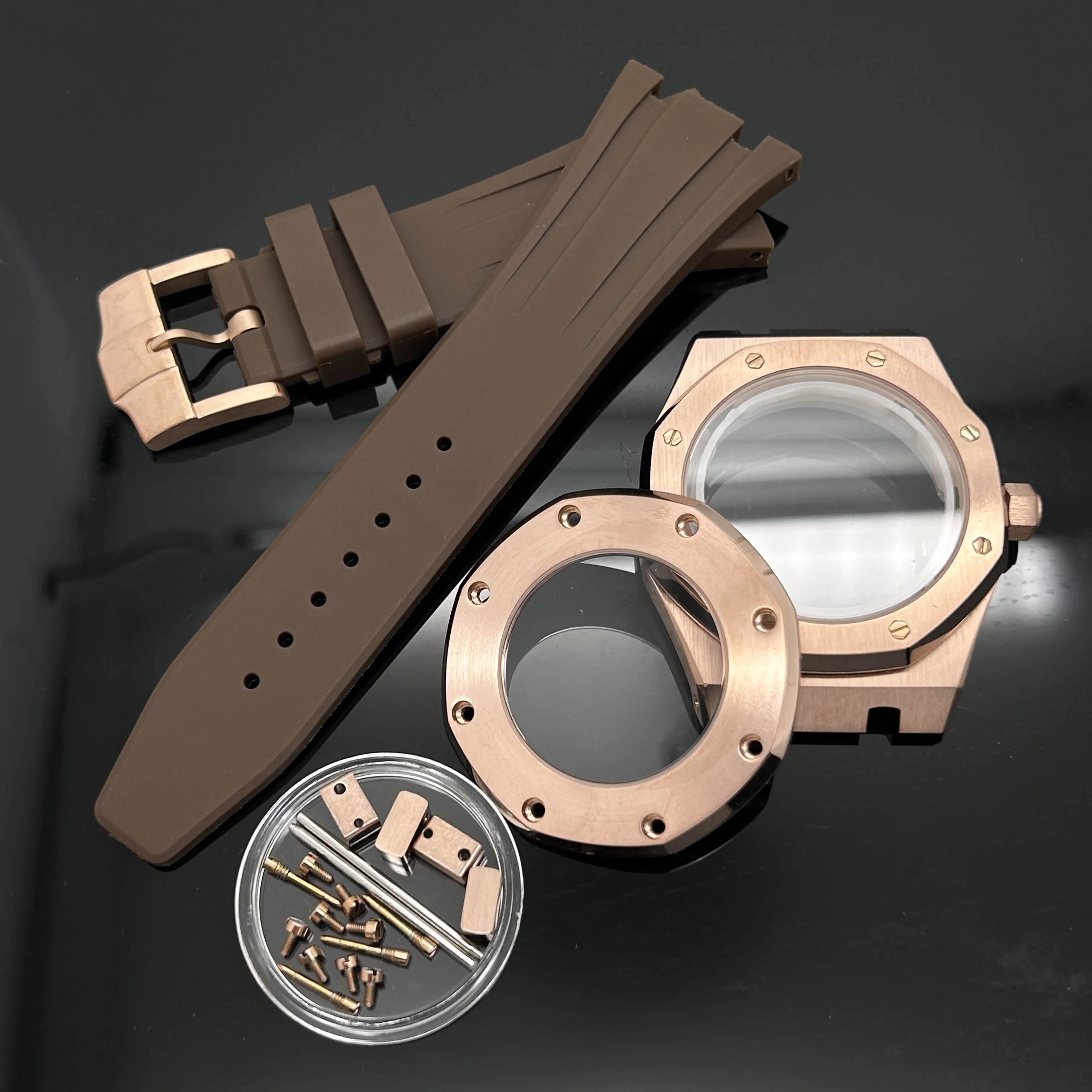 41MM Zilver Zwart Goud Kast Siliconen Band Gesp Fit Royal Oak NH35 NH36 NH70 Beweging Automatisch Horloge voor 31.8mm Wijzerplaat Wijzers