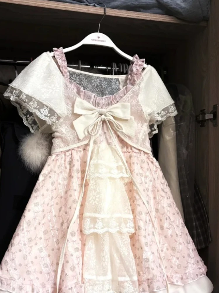 اليابانية Kawaii الحلو النساء أطقم فساتين خمر الجنية حزام تصميم فساتين قصيرة Harajuku أزياء من الدانتل الإناث ملابس أنيقة غير رسمية