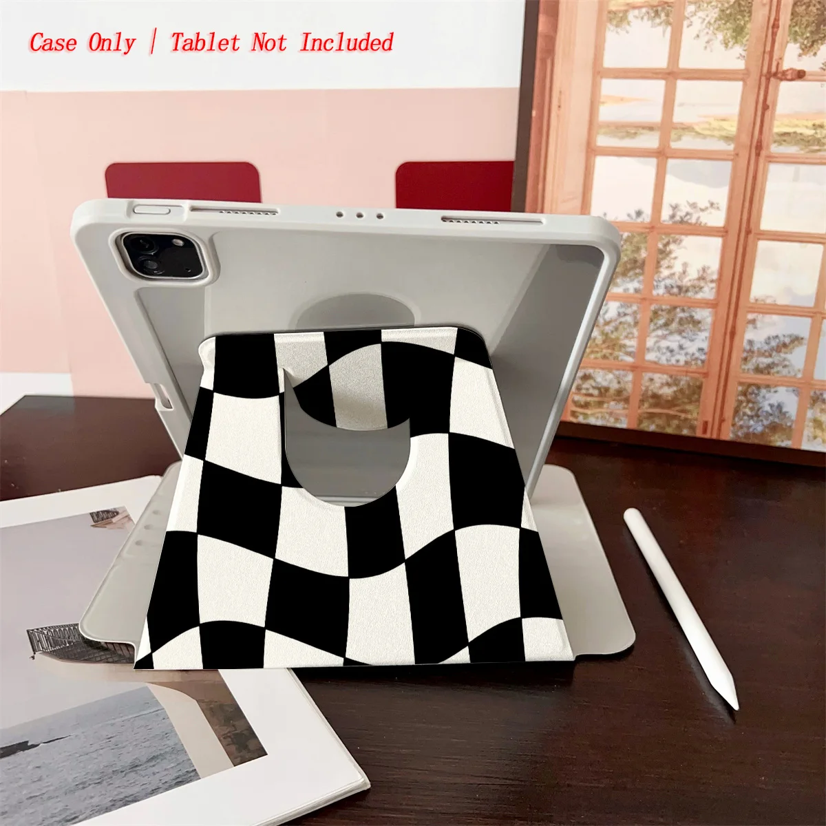 حافظة iPad بنمط شبكي باللونين الأبيض والأسود - غطاء متين مقاوم للصدمات لهاتف Apple Pro/Air/Mini