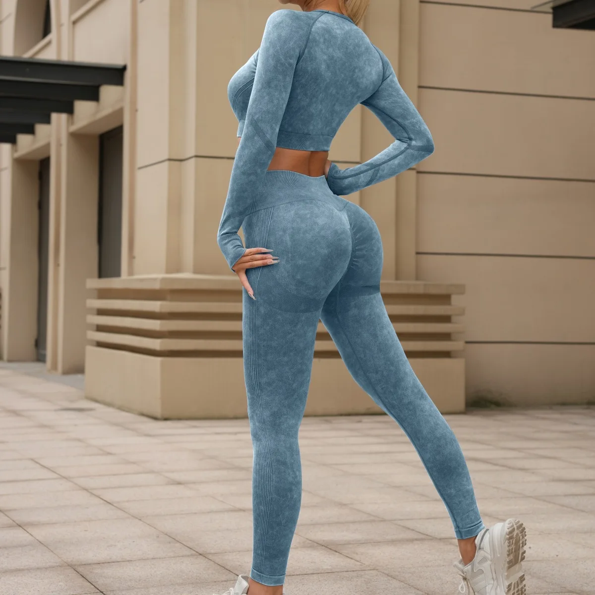 2 Piece Women's Fitness Suit Seamless Cutout Sportswear Long Sleeve Top With High Waist Yoga Pants Fitness Sportswear Suit