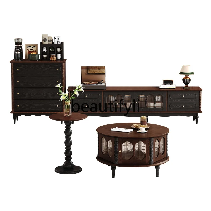 

French retro ash wood solid wood TV cabinet coffee table combination living room small apartment household