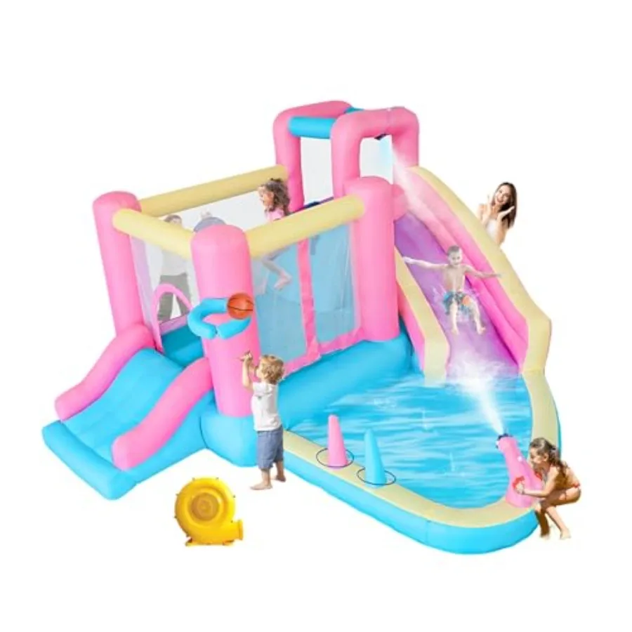 

Розовая надувная водная горка с бассейном, водной пушкой, скалодромом и воздуходувкой для летних развлечений на открытом воздухе, 141x138x78 дюймов