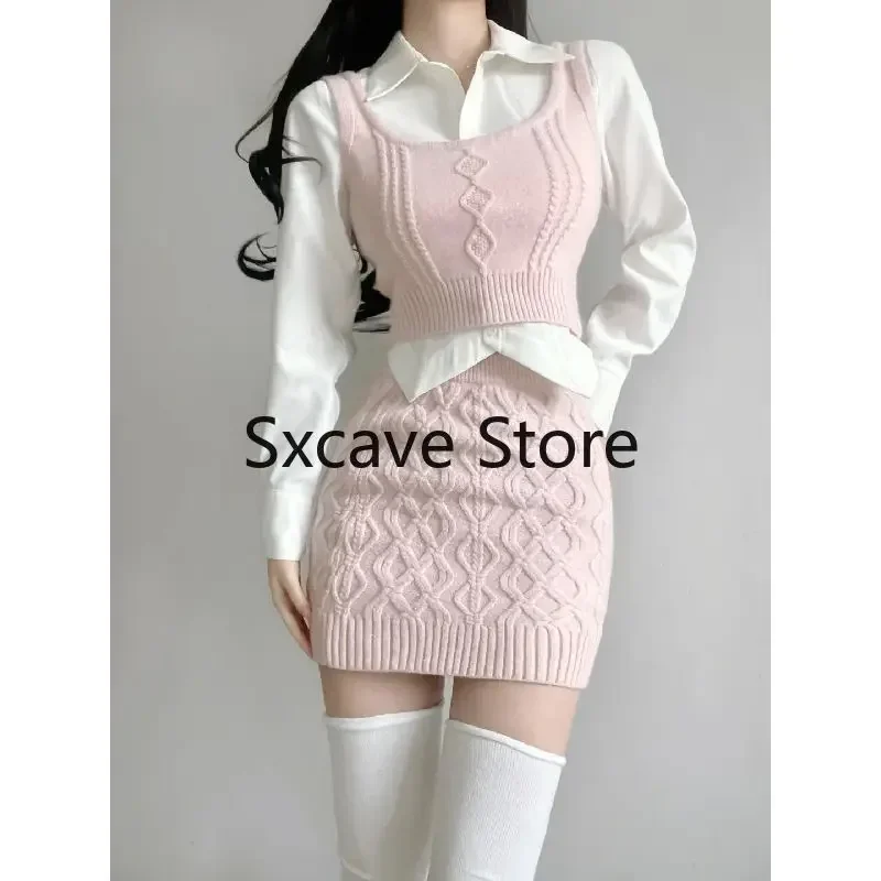 Autumn Elegant Vintage Knitted Suits Women Even Party Clothing Korean 3 Piece Dress Set Office Lady Sweater Vest + Mini Skirt