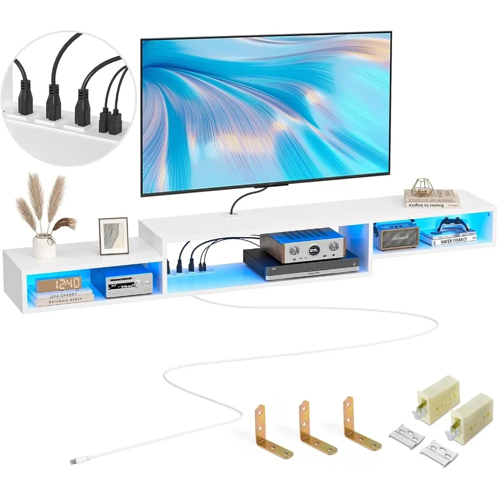 

71 Inch Floating TV Stand with LED Light Power Outlet, TV Wall Mount Floating Shelf with Storage Rack, White