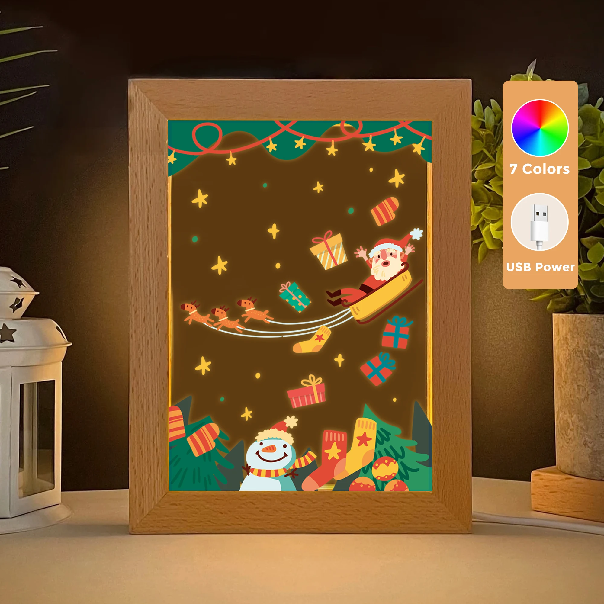 2D شقة سانتا مزلقة LED الاكريليك ليلة ضوء الخشب إطار صور 21x17 سنتيمتر الكرتون الأطفال عيد الميلاد غرفة نوم هدايا ديكور المنزل #1