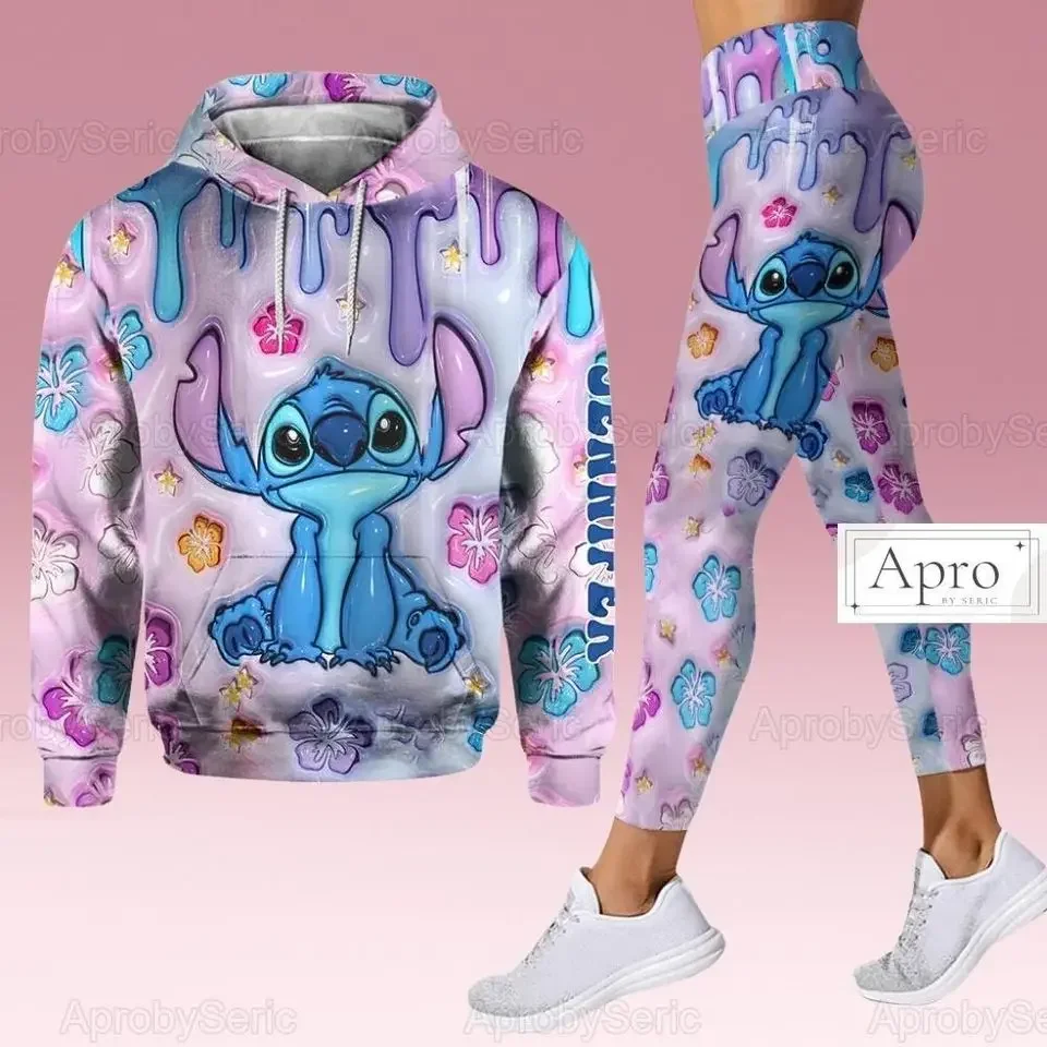 2024 Disney Stitch 3D Women\'s Hoodie Leggings Suit Stitch Yoga Pants Sweatpants Fashion Sports Suit Disney Women Yoga Suit