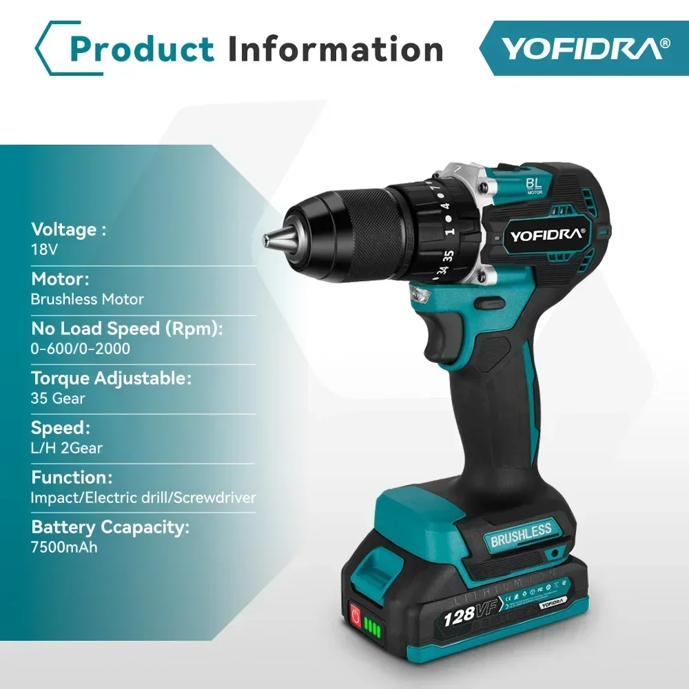 YOFIDRA 13MM 35+3 Drehmoment Bürstenloser Elektrischer Schlagbohrer 3 IN 1 Kabelloser Elektrischer Schraubendreher DIY-Elektrowerkzeug für Makita 21V Akku – Detail 4