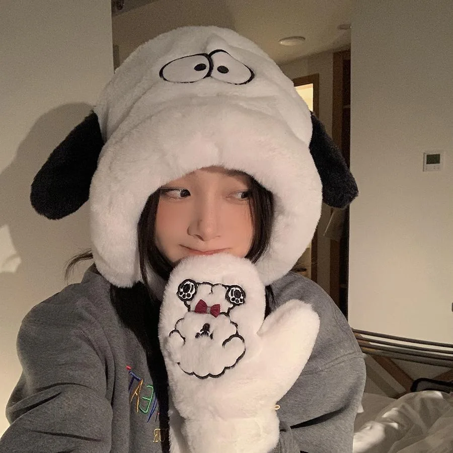 Kawaii Thickened Puppy Plush Hat Cartoon Cat Bean Hat Imitation Rabbit Hair Cold Proof Winter Warm Hat Cycling Hat & Glove Sets