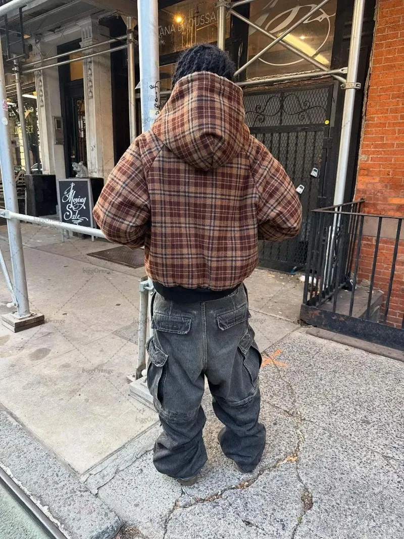 

Американская готическая модная толстовка в клетку в полоску, мужская толстовка большого размера Y2K Street в стиле хип-хоп, Harajuku, свободная толстовка на молнии, стиль пары