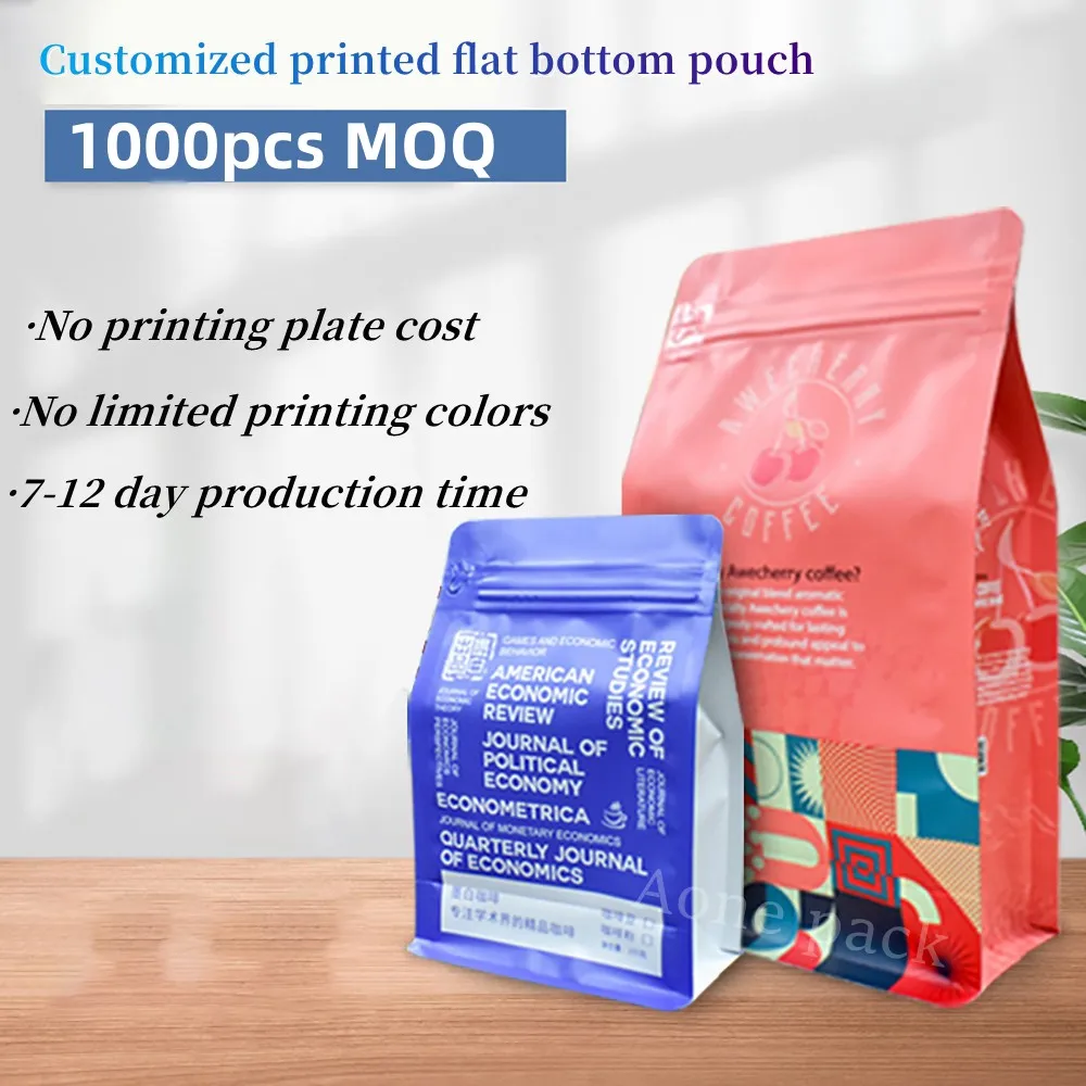 Custom Digital Printed Resealable Aluminum Foil Lined 250g 500g Zip Lock Flat Bottom Coffee Bean Packaging Bag with Valve