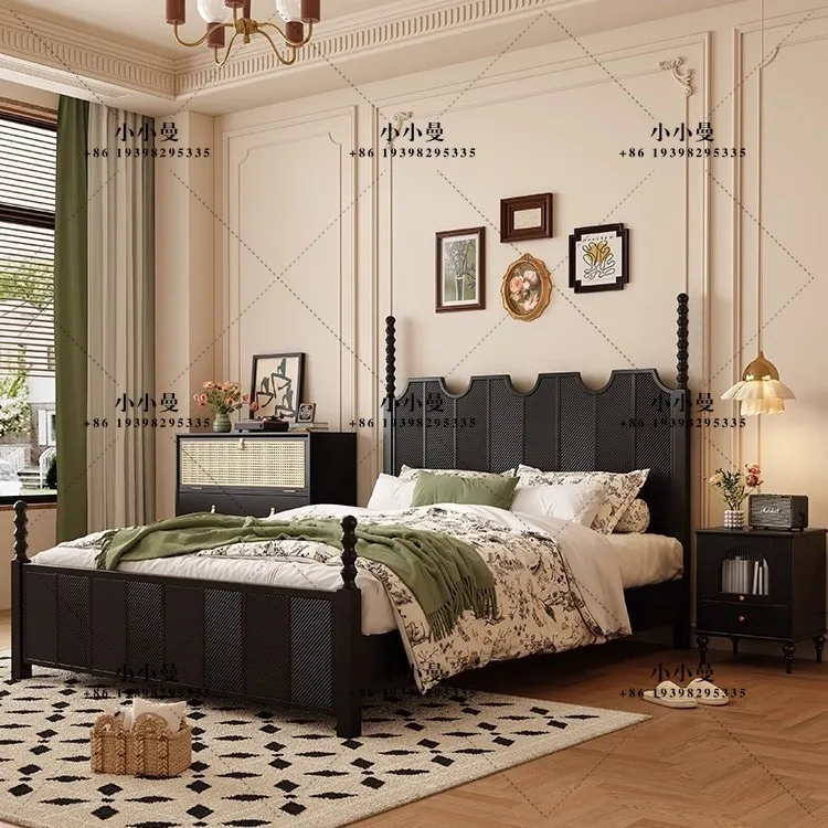 Solid wood minimalist master bedroom 1.5 single bed retro style bedroom furniture storage wedding bed 1.8 meters double